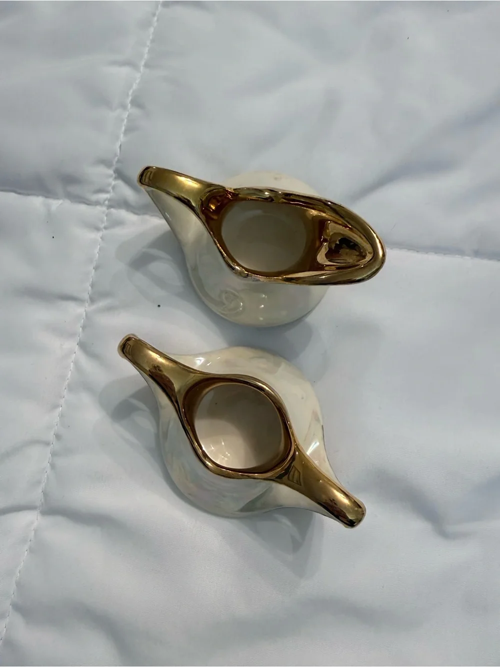 Pearlescent Cream Ceramic Creamer and Sugar Bowl with Gold Trim